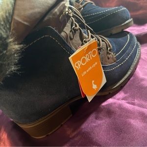Sporto HOLLY Winter Boots - Women's Size 8W - Blue Suede Faux Fur Trim